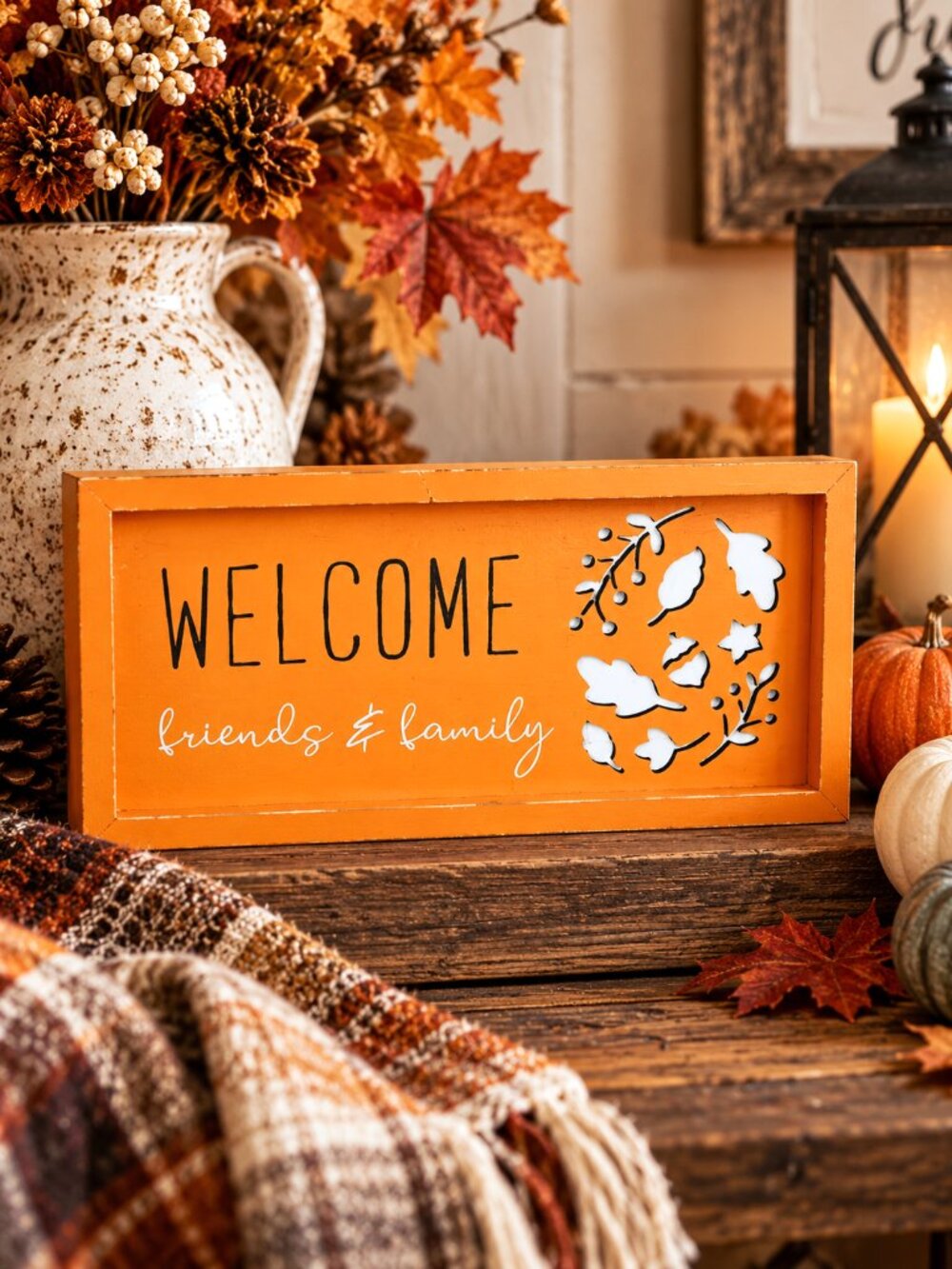 Fall Autumn Welcome Friends & Family Orange Wood Sign Shelf Sitter Wall Décor